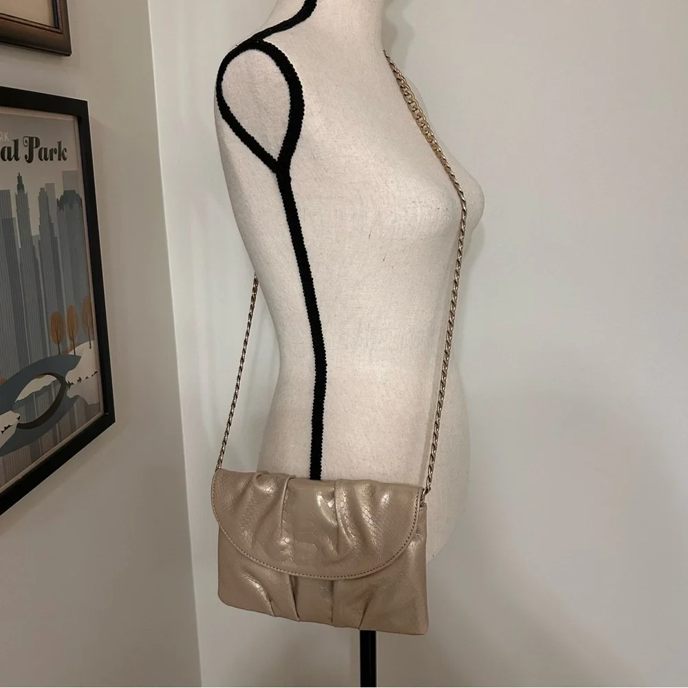 Talbots Beige Pleated Pearlized Leather Animal Print Bag with Gold Chain Strap